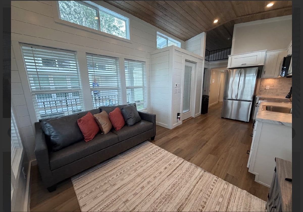 Living area with dark sofa, red pillows and light rug