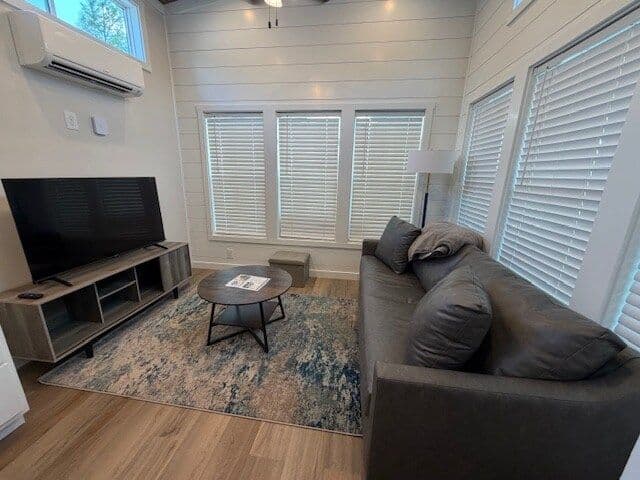 Living area with gray sofa, TV on a low console and patterned rug, white shutters