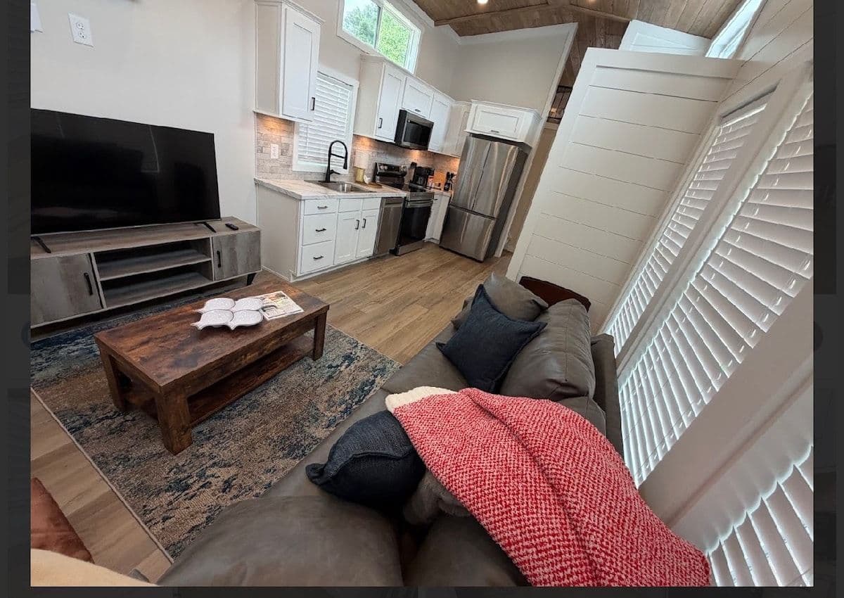 Living room with TV console and sofa with red throw